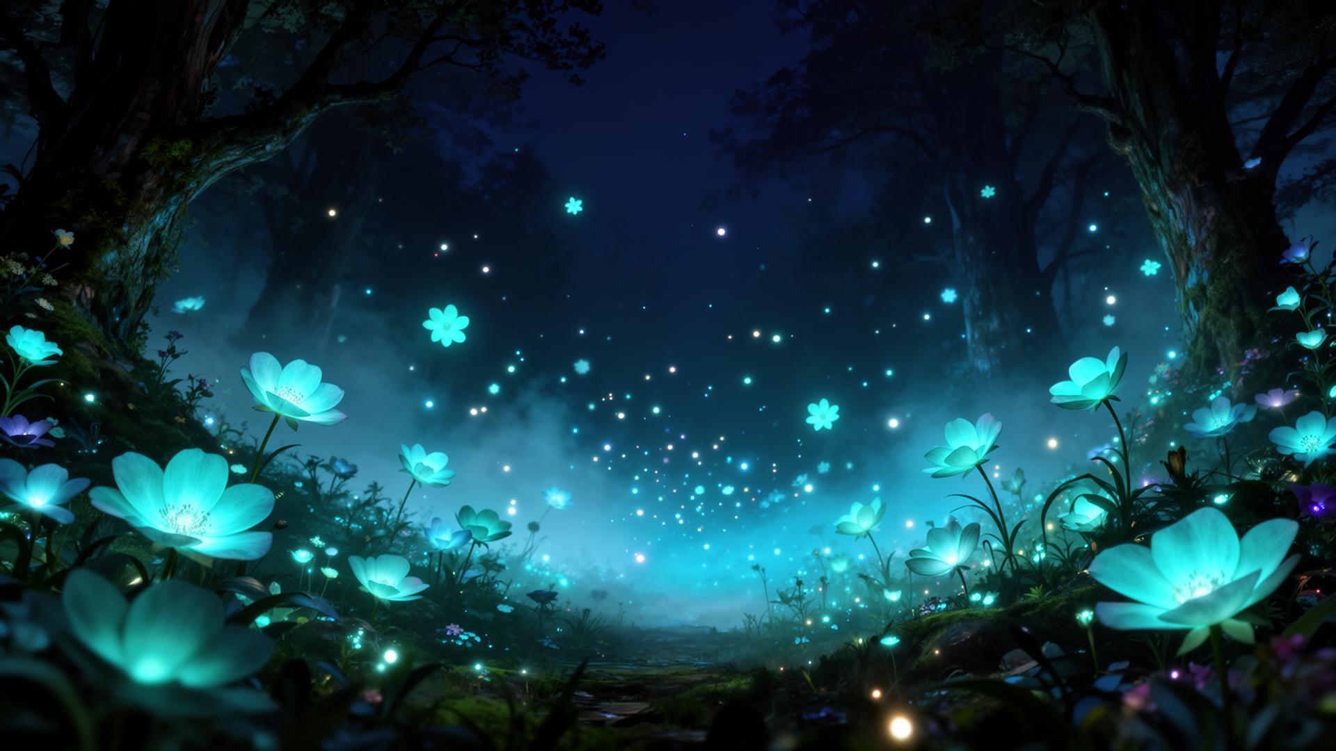 Bioluminescent fantasy forest with glowing flowers